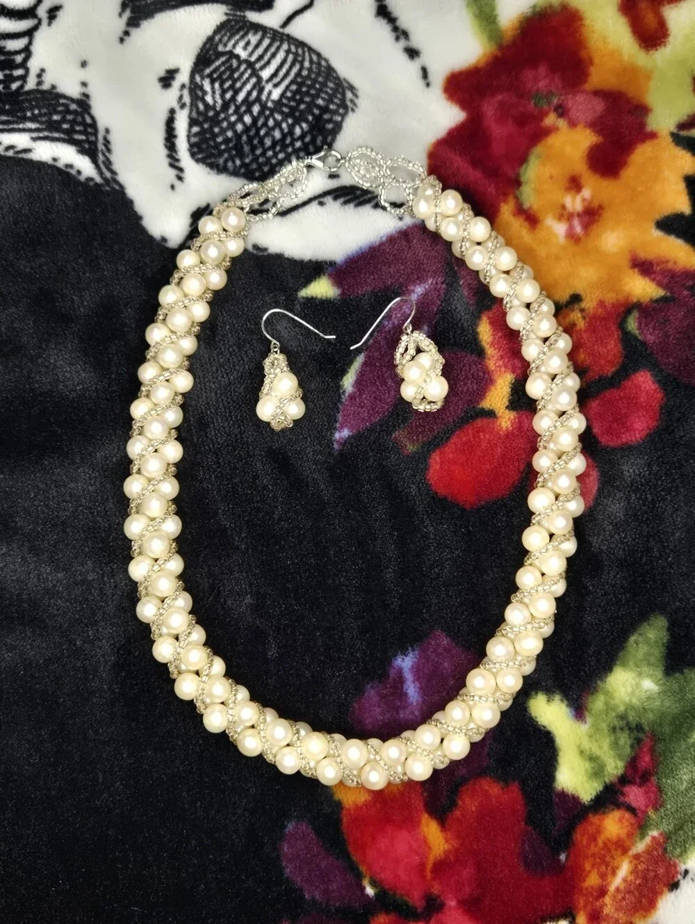 Natural Pearl Twisted Woven Beaded Necklace & Earrings Set/ 925 Sterling Silver